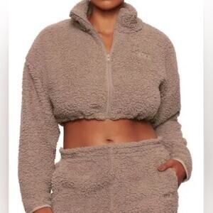 SKIMS TEDDY FULL ZIP UP NEUTRAL CROP JACKET Size Large Preppy Soft Cozy